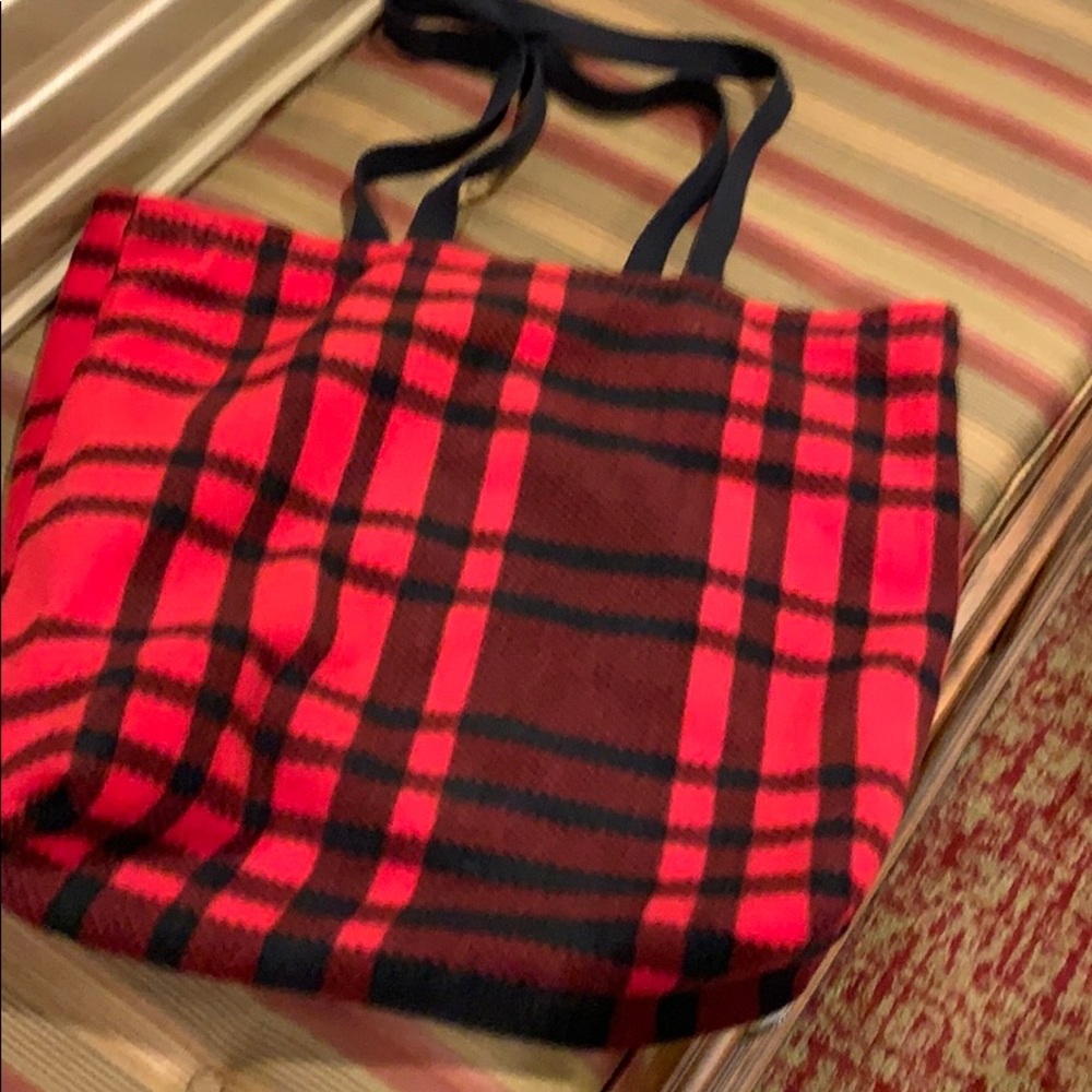 Red plaid flannel lined soft tote bag